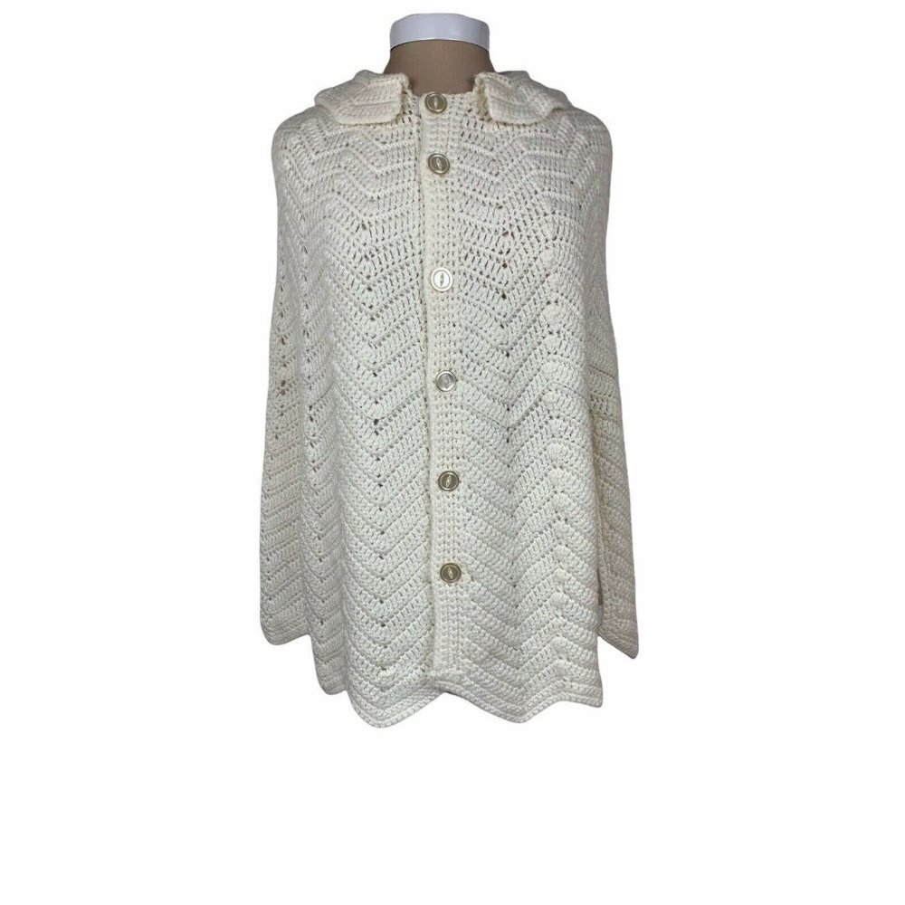 Vintage Handmade Crochet Knit Ivory Boho Poncho Button Down Ladies MED Hippie 70